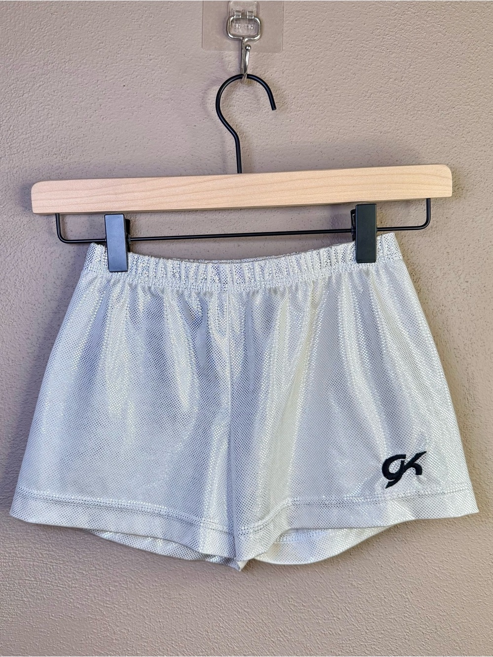 GK Elite Gymnastics Silver Metallic Practice Shorts Girls 18 / Junior’s 7-9 (AL)